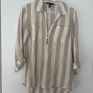 Ellen Tracy Beige and White 100% linen blouse